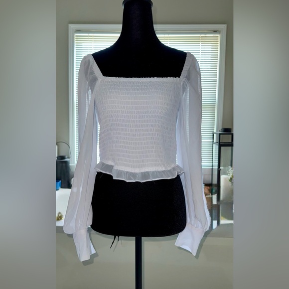 Bar III White Smocked Ruffled Blouse - Picture 1 of 7